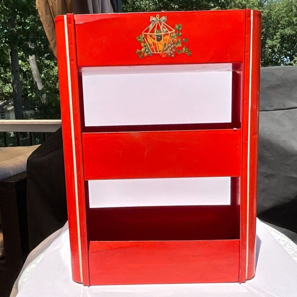 Red metal vegetable bin, Pantry veggie and fruit bin vintage farmhouse decal